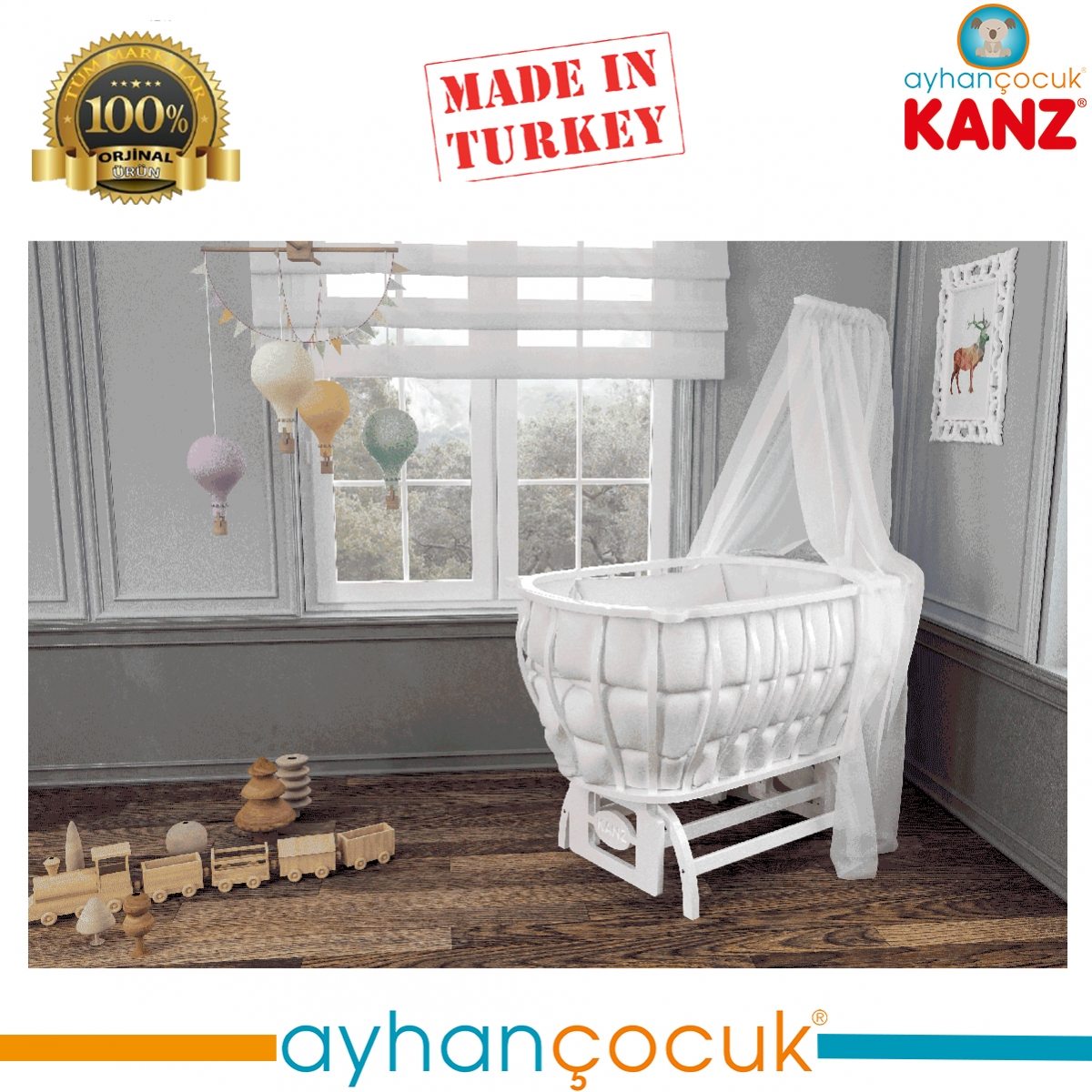 Kanz Lüx Ahşap Bebek Sepeti Anne Yanı Beşik Ayhan Çocuk