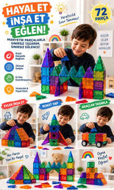 Baby Home 72 Parça Manyetik Yapı Blokları Çocuklar İçin 3 Boyutlu Karo Oyun Seti Oyuncak Yap Boz